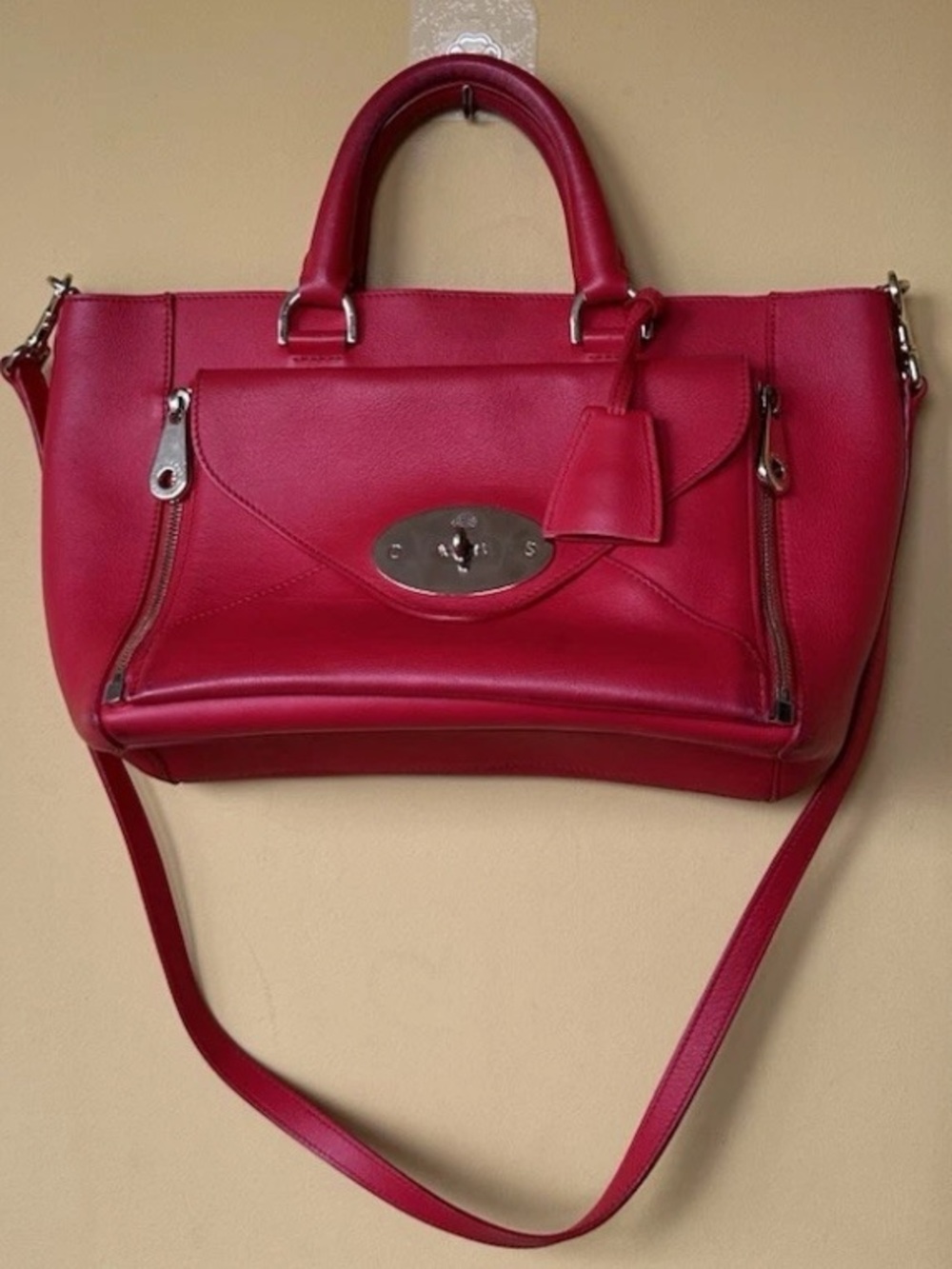 Mulberry Pink-Red Leather Top-Handle Satchel with Strap